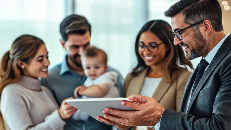 A photorealistic, professional photography, 8K, cinematic lighting, sharp focus, depth of field, shot on a high-end DSLR, image of diverse people representing different client personas (e.g., a young couple, a new mother with a baby, a professional executive) each looking at a different section of a beautifully designed website on a tablet, with expressions of understanding and connection. The background is softly blurred, suggesting a modern, clean environment.