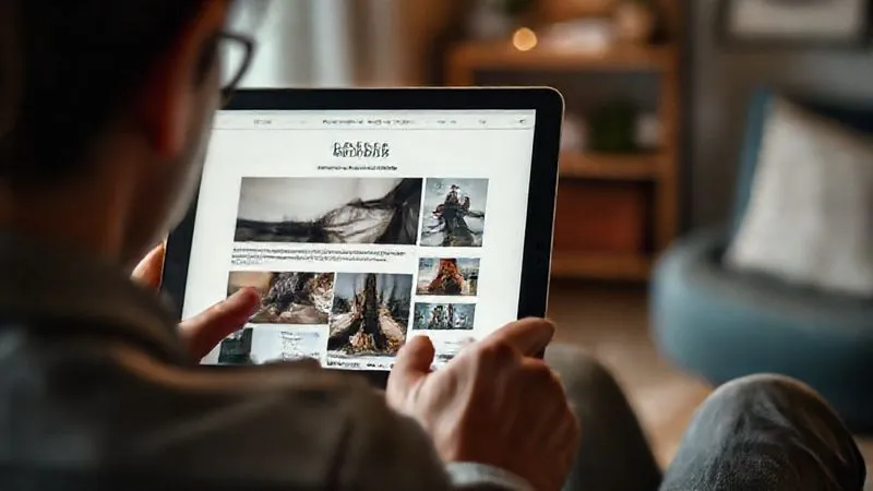 A photorealistic, professional photography, 8K, cinematic lighting, sharp focus, depth of field, shot on a high-end DSLR, image of a person engrossed in reading a blog post on a tablet, with a warm cup of coffee beside them. The screen displays a well-designed blog layout with engaging photography content, and subtle elements of a home or cozy studio in the softly blurred background.