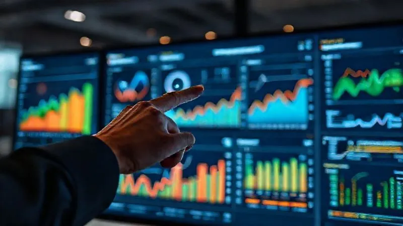 A photorealistic, professional photography, 8K, cinematic lighting, sharp focus, depth of field, shot on a high-end DSLR, image of a modern dashboard displaying various analytics graphs and charts (e.g., website traffic, conversion rates, user behavior flows) on a large monitor, with a hand pointing to a specific data point. The ambiance is professional and focused, suggesting data-driven decision-making.