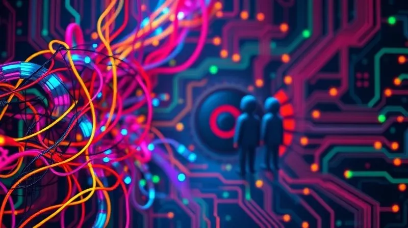 Photorealistic, professional photography, 8K, cinematic lighting, sharp focus, depth of field, shot on a high-end DSLR. A tangled network of brightly colored digital wires and data streams, converging into a single, slow-moving bottleneck, with frustrated, blurred digital figures waiting behind it. The background is a complex, abstract circuit board. The mood is one of frustration and complexity.