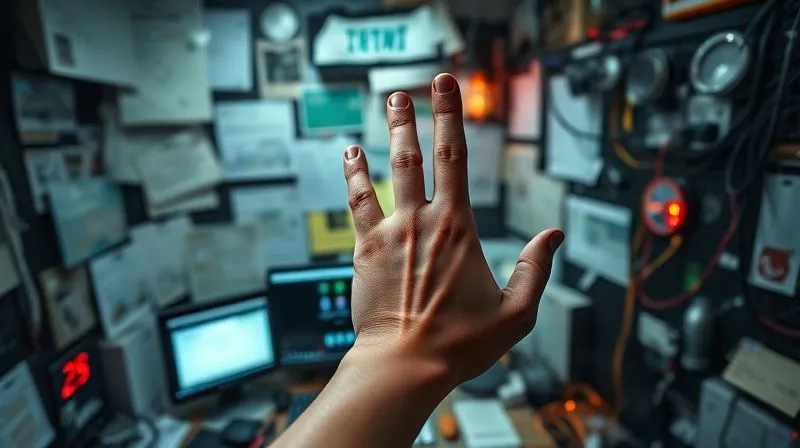 Photorealistic, professional photography, 8K, cinematic lighting, sharp focus, depth of field, shot on a high-end DSLR. A cluttered, chaotic digital workspace filled with countless overlapping windows, tangled wires, and blinking icons, representing too many plugins. In the foreground, a single, focused hand attempts to clear the mess. The mood is overwhelmed and inefficient.