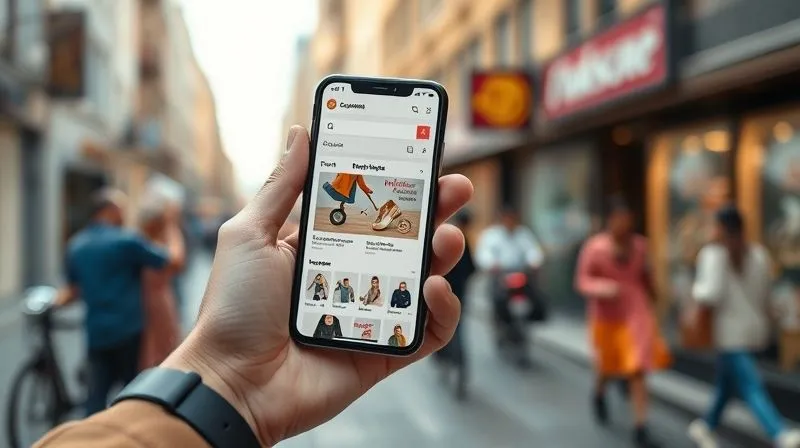 Photorealistic, professional photography, 8K, cinematic lighting, sharp focus, depth of field, shot on a high-end DSLR. A person's hand holding a smartphone, displaying a beautifully optimized, fast-loading e-commerce page. In the background, a blurred but bustling street scene, indicating on-the-go shopping. The light is bright and natural, emphasizing clarity and ease of use.
