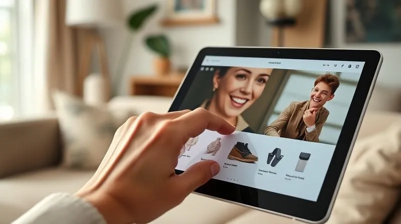 Photorealistic, professional photography, 8K, cinematic lighting, sharp focus, depth of field, shot on a high-end DSLR. A user's hand smoothly swiping through a clean, minimalist e-commerce interface on a tablet, with a happy, smiling expression on their face reflected faintly in the screen. The background is a soft, inviting living room, emphasizing comfort and ease. The mood is relaxed and satisfying.