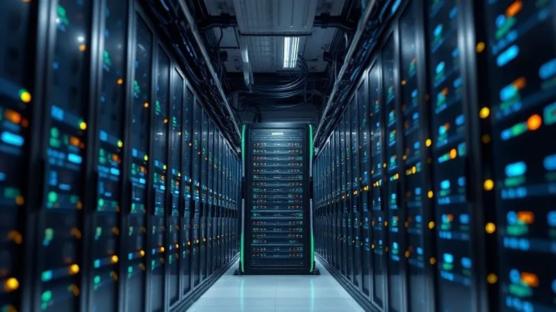 A photorealistic image of a sleek, modern server room with rows of blinking lights and cables, representing efficient data flow and powerful infrastructure, cinematic lighting, sharp focus on a central server rack, depth of field blurring the background, 8K hyper-detailed, shot on a high-end DSLR.