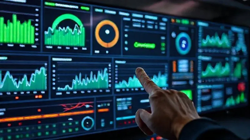 A photorealistic dashboard displaying real-time performance metrics (charts, graphs, numbers) on multiple screens, with a hand pointing to an green 'optimized' status, representing continuous monitoring and proactive maintenance, cinematic lighting, sharp focus, depth of field, 8K hyper-detailed, shot on a high-end DSLR.