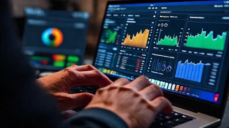 A photorealistic image of a professional web developer's hands on a keyboard, with multiple browser tabs open displaying performance analysis tools like Google PageSpeed Insights and GTmetrix, showing detailed metrics and waterfall charts. The screen is vibrant with data, cinematic lighting, sharp focus on the hands and screen, depth of field blurring the background, 8K hyper-detailed, professional photography, shot on a high-end DSLR.
