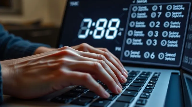 A photorealistic image of a person's hands hovering over a keyboard, with a digital clock on the screen showing time ticking, and survey questions in the background, symbolizing the balance between speed and accuracy. Cinematic lighting, 8K, sharp focus.