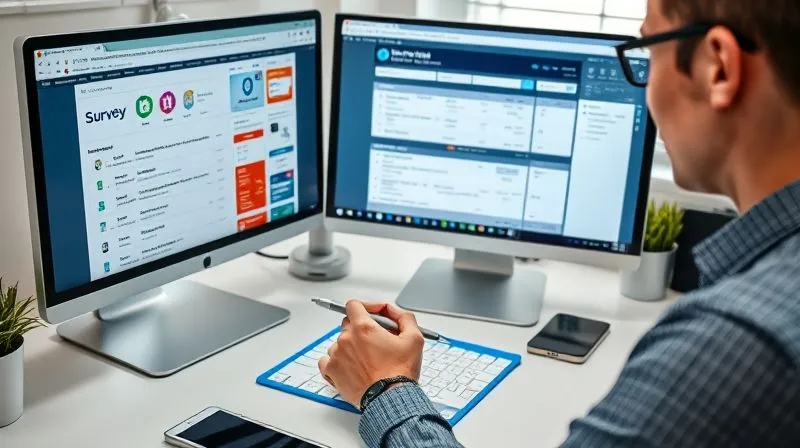 A photorealistic image of a person at a clean, organized desk, with multiple browser tabs open on a monitor displaying various survey platforms. A digital spreadsheet is visible, tracking progress. The person is focused, using a pen to jot notes. Cinematic lighting, 8K, professional photography.