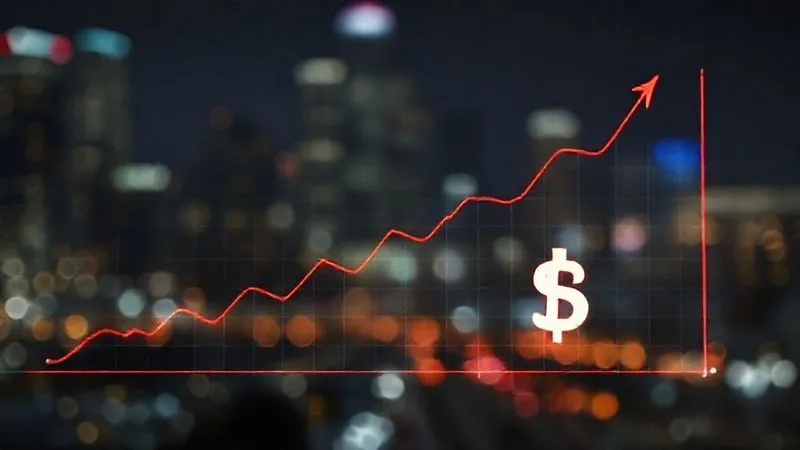 A photorealistic image of a digital graph showing exponential growth, with multiple upward-trending lines representing different revenue streams from AI-assisted translation. In the foreground, a stylized digital currency symbol is subtly integrated. Cinematic lighting, sharp focus on the graph, depth of field blurring a background of city lights at night. 8K hyper-detailed.