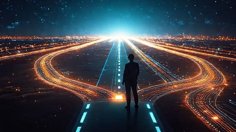 A photorealistic image of a person standing at a crossroads, looking at multiple glowing digital pathways representing different learning and adaptation opportunities in the field of AI and translation. The environment is futuristic and dynamic, with data streams flowing around. Cinematic lighting, sharp focus on the person and pathways, depth of field blurring a distant horizon. 8K hyper-detailed.