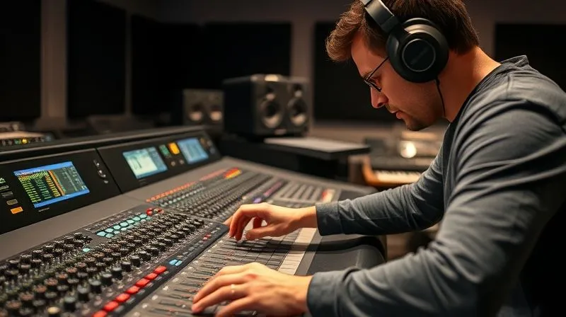 A photorealistic image of a sound engineer in a professional studio, wearing headphones, meticulously adjusting a mixing console with intricate controls and glowing lights. The focus is on the engineer's hands and the console, with a subtle depth of field on the background elements like soundproofing. 8K, cinematic lighting, sharp focus, professional photography, shot on a high-end DSLR.