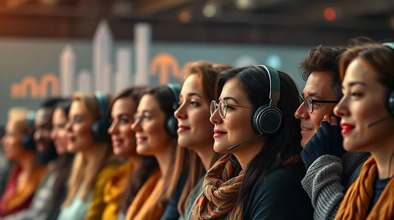 A photorealistic, vibrant image of a diverse group of people from different age groups and backgrounds, each wearing headphones, with subtle visual cues (like city skylines or cultural symbols) in their immediate surroundings, all seemingly connected by invisible sound waves. 8K, cinematic lighting, sharp focus, depth of field, professional photography, shot on a high-end DSLR.