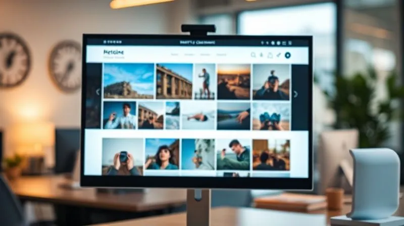 A photorealistic close-up of a website displayed on a sleek monitor, showing a gallery of perfectly consistent, harmoniously edited photographs. The screen reflects a warm, cinematic light. Sharp focus on the images, depth of field blurring the office background. 8K hyper-detailed, professional photography.