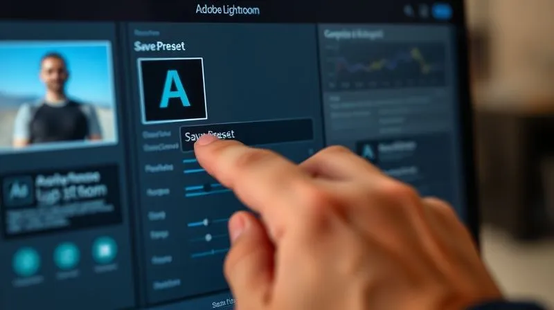 A photorealistic close-up of a hand using a mouse to click "Save Preset" in Adobe Lightroom, with a complex adjustments panel open. The screen shows a vibrant, yet consistently styled photograph. Cinematic lighting, sharp focus on the hand and screen, depth of field blurring the background. 8K hyper-detailed, professional photography.