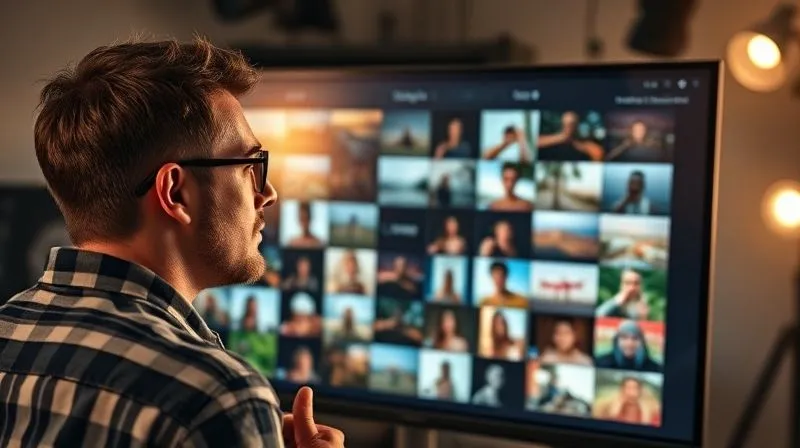 A photorealistic image of a photographer thoughtfully reviewing a grid of recent photos on a large, high-resolution monitor, comparing their style and consistency. A subtle overlay shows analytics data. Cinematic lighting, sharp focus on the monitor and the photographer's reflective expression, depth of field blurring the studio background. 8K hyper-detailed, professional photography.