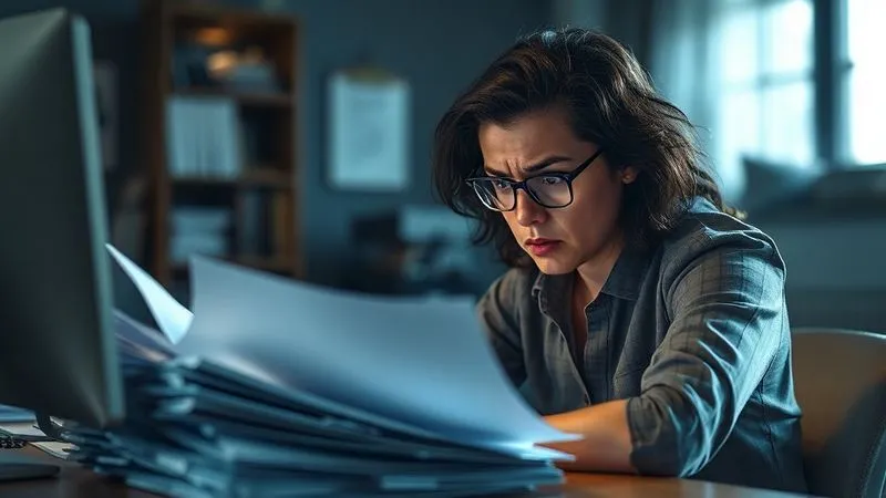 A photorealistic image of a person sitting at a desk, looking overwhelmed by a pile of papers and a dimly lit computer screen, symbolizing the pressure of underpricing and overworking. The background is slightly blurred, focusing on their stressed expression. Cinematic lighting, 8K, sharp focus, depth of field, shot on a high-end DSLR.