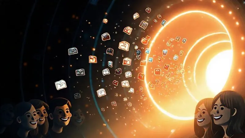 Photorealistic image of a digital funnel glowing with light, with small, diverse customer icons flowing into it, then transforming into loyal, smiling faces at the bottom, symbolizing successful email marketing automation. Cinematic lighting, sharp focus. 8K.