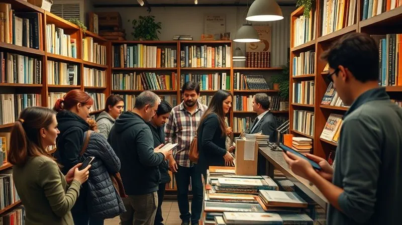 A small, cozy local bookstore with a diverse group of customers browsing, some using smartphones, while a shop owner warmly greets someone at the counter. Photorealistic, professional photography, 8K, cinematic lighting, sharp focus, depth of field, shot on a high-end DSLR