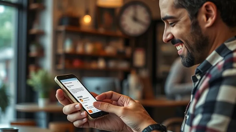 A customer smiling while looking at a personalized offer on their smartphone screen, with a blurred background of a charming local cafe or boutique. Photorealistic, professional photography, 8K, cinematic lighting, sharp focus on the smartphone and customer's expression, depth of field, shot on a high-end DSLR