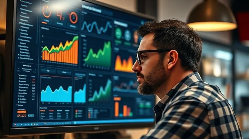 A detailed, sophisticated dashboard on a high-resolution monitor, displaying various data visualizations (charts, graphs, heatmaps) related to customer behavior and sales trends, with a small business owner thoughtfully observing the data. Photorealistic, professional photography, 8K, cinematic lighting, sharp focus on the screen and owner's face, depth of field, shot on a high-end DSLR