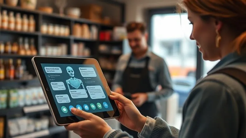 A friendly, subtly futuristic chatbot interface on a tablet being used by a customer inside a local shop, with a helpful human employee in the background assisting another customer. Photorealistic, professional photography, 8K, cinematic lighting, sharp focus on the tablet and chatbot, depth of field, shot on a high-end DSLR
