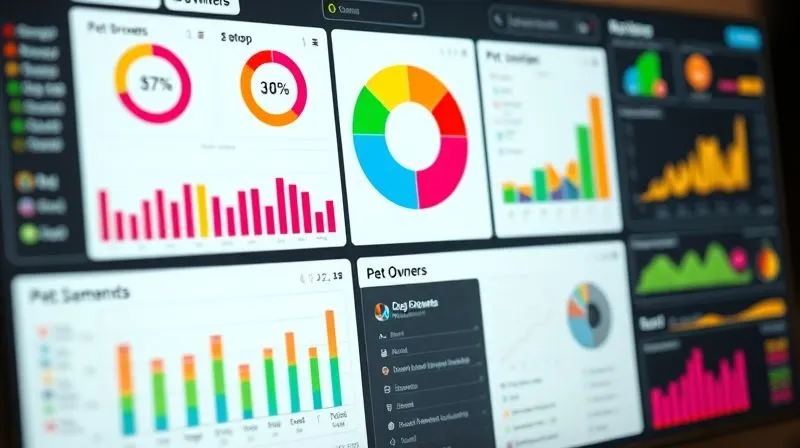 A photorealistic image of a complex data visualization dashboard, displaying various segments of pet owners based on pet breed, age, diet, and purchase history. The dashboard features vibrant, easy-to-understand charts and graphs, with a focus on 'dog owners' and 'cat owners' segments. Cinematic lighting highlights key insights, sharp focus on the data, depth of field blurring the background. 8K hyper-detailed, professional photography.