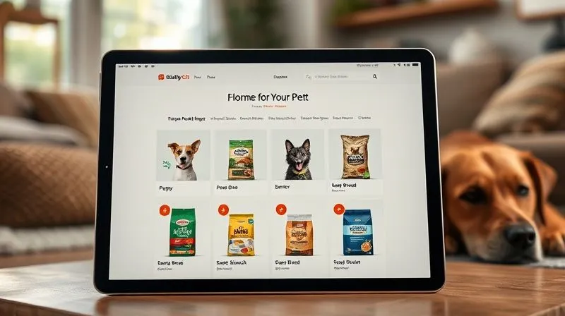 A photorealistic image of a sleek, modern e-commerce website interface on a tablet, showcasing a 'Recommended for Your Pet' section. The section features a range of premium dog food bags, each with a small icon indicating 'Puppy', 'Senior', 'Large Breed', or 'Sensitive Stomach'. The background is a cozy living room with a happy dog resting. Cinematic lighting, sharp focus, depth of field, 8K hyper-detailed, professional photography.