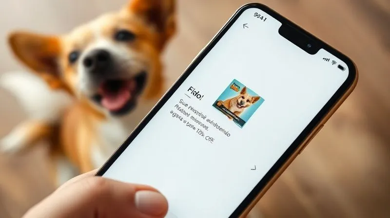 A photorealistic image of a smartphone screen displaying a personalized push notification from a pet e-commerce app. The notification shows a photo of a specific pet food brand with the text: 'Olá, Fido! Sua ração favorita está acabando. Reabasteça agora e ganhe 10% OFF!'. The background features a blurred image of a happy dog wagging its tail, representing positive engagement. Cinematic lighting, sharp focus, depth of field, 8K hyper-detailed, professional photography.