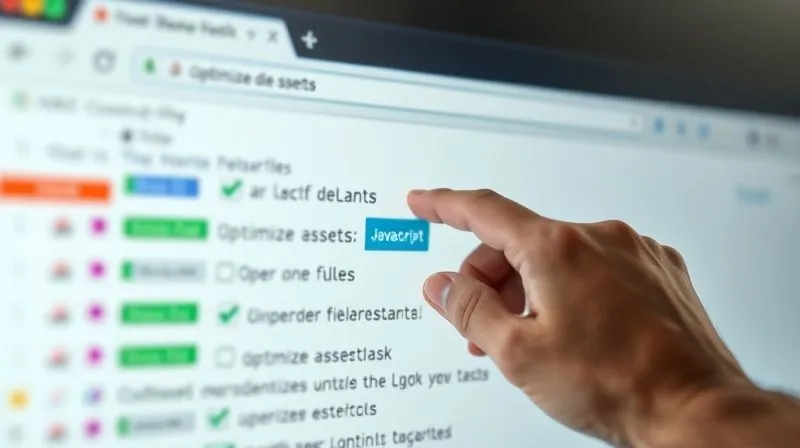 A photorealistic image of a web browser interface with different colored blocks representing CSS and JavaScript files, some being 'crossed out' or 'greyed out' to signify unloading. A digital hand points to a button for 'optimize assets'. Cinematic lighting, sharp focus, 8K hyper-detailed, professional photography, shot on a high-end DSLR.