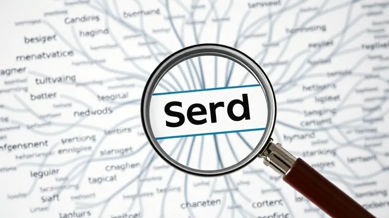 A photorealistic image of a detailed mind map or web of interconnected ideas, with keywords and phrases linked together, symbolizing internal linking and content structure for SEO. A small magnifying glass highlights a specific, well-optimized title. Cinematic lighting, sharp focus, 8K hyper-detailed, professional photography, shot on a high-end DSLR.