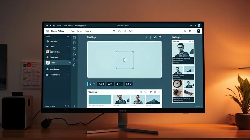 A modern, clean WordPress theme interface displayed on a large, high-resolution monitor, with various block editor elements visible. The screen shows a website layout being visually constructed, with sidebars for settings and a main content area for drag-and-drop. Photorealistic, professional photography, 8K, cinematic lighting, sharp focus, depth of field, shot on a high-end DSLR.
