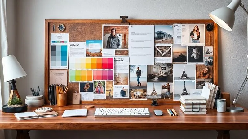 A photorealistic, professional photography of a creative mood board on a wooden desk, featuring various brand elements like color swatches, font pairings, texture samples, and inspiring imagery, illuminated by soft, cinematic lighting. Sharp focus on the central elements, with a shallow depth of field. 8K hyper-detailed, shot on a high-end DSLR.