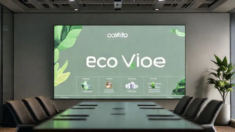 A photorealistic image of a compelling and beautifully designed pitch deck slide for a sustainable technology startup named 'EcoVibe'. The slide features custom organic graphic elements, a harmonious nature-inspired color palette (deep greens, sky blues), and authentic product photography. The layout is innovative, using strategic white space to highlight key data points. Cinematic lighting, sharp focus on the slide, with a subtle blurred background of a modern meeting room. 8K hyper-detailed, shot on a high-end DSLR.