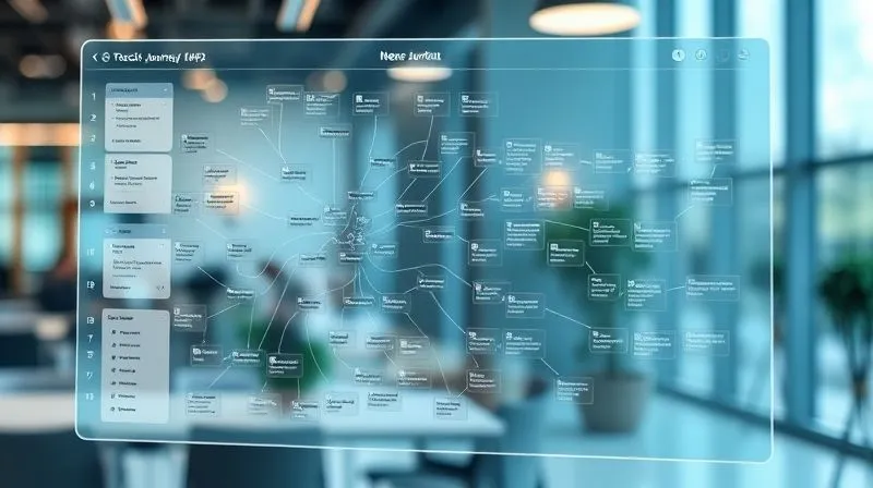 A photorealistic, professional photography of a complex, interconnected digital journey map displayed on a transparent screen, showing user touchpoints and content preferences for a news portal. Cinematic lighting, sharp focus on the map details, depth of field blurring a modern office background, 8K hyper-detailed, shot on a high-end DSLR.