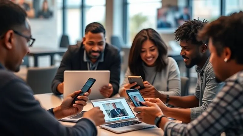 A photorealistic, professional photography of diverse people engaging with a digital news community forum on their laptops and smartphones, showing lively discussions and shared screens. Cinematic lighting, sharp focus on the faces and screens, depth of field blurring a collaborative workspace, 8K hyper-detailed, shot on a high-end DSLR.