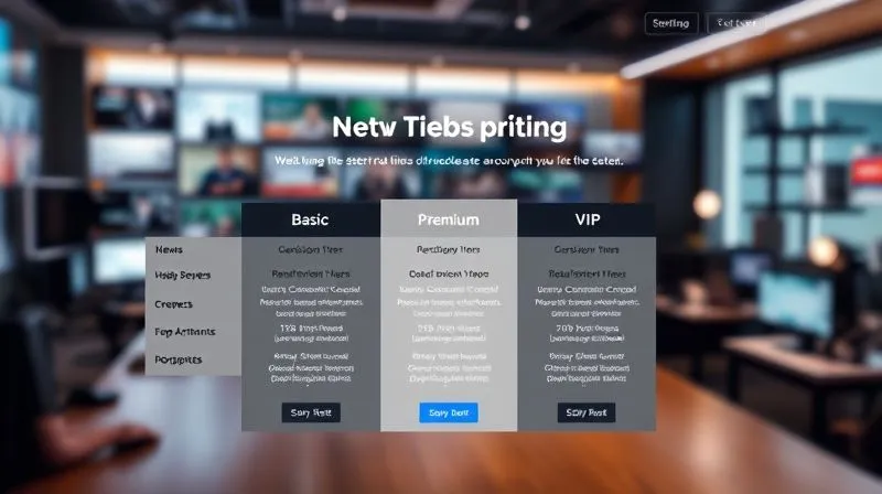 A photorealistic, professional photography of a sleek, modern website showing different subscription tiers for a news portal (Basic, Premium, VIP), with clear feature comparisons and pricing. Cinematic lighting, sharp focus on the pricing table, depth of field blurring a blurred background of a newsroom, 8K hyper-detailed, shot on a high-end DSLR.