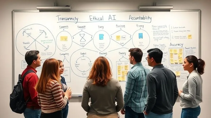 A photorealistic, professional photography of a newsroom whiteboard covered with diagrams and sticky notes outlining ethical AI principles like 'Transparency', 'Accountability', 'Fairness', 'Privacy', and 'Accuracy'. A diverse group of journalists and developers are in the foreground, engaged in a discussion, conveying collaboration and problem-solving. Cinematic lighting, sharp focus on the whiteboard, depth of field blurring the background, 8K hyper-detailed, shot on a high-end DSLR.