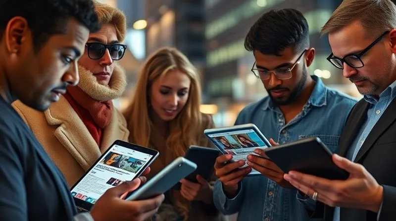 A photorealistic, professional photography of a diverse group of people (different ages, ethnicities) looking at their digital devices (tablets, smartphones) displaying news content. The screens show a variety of news topics, some with subtle indicators of personalization (small icons), but also diverse and unexpected headlines, suggesting a balanced approach to content delivery. Cinematic lighting, sharp focus on the faces and devices, depth of field blurring a modern city background, 8K hyper-detailed, shot on a high-end DSLR.