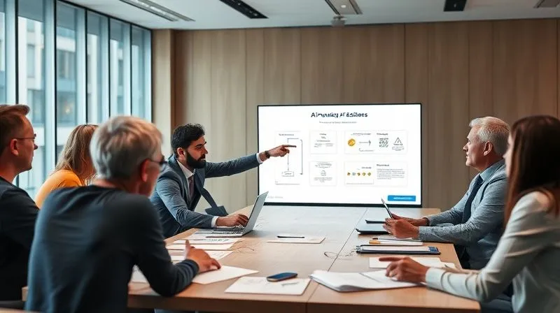 A photorealistic, professional photography of a diverse group of professionals (journalists, data scientists, ethicists) gathered around a large table in a modern conference room, intensely discussing documents and digital presentations related to AI governance and ethical guidelines. One person points to a flowchart on a screen. The atmosphere is serious and collaborative. Cinematic lighting, sharp focus on the group, depth of field blurring the background, 8K hyper-detailed, shot on a high-end DSLR.