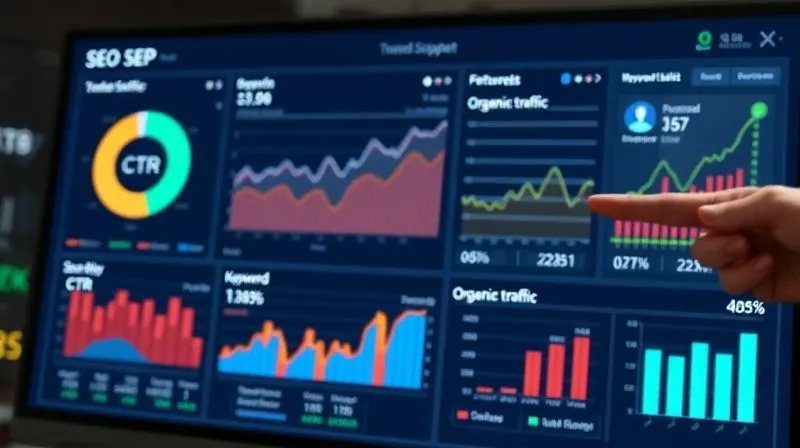 A photorealistic image of a digital dashboard displaying various SEO metrics, including featured snippet performance, CTR, organic traffic, and keyword rankings. The data is presented in clear, colorful graphs and charts, with a hand pointing to a rising trend. Cinematic lighting, sharp focus on the dashboard, depth of field blurring a professional workspace, 8K hyper-detailed, shot on a high-end DSLR.