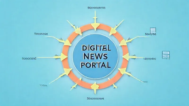 A photorealistic diagram showing multiple revenue streams flowing into a central 'Digital News Portal' hub, with arrows representing different monetization strategies like subscriptions, advertising, events, and e-commerce. Clean, professional design, cinematic lighting, 8K, sharp focus, depth of field, shot on a high-end DSLR.