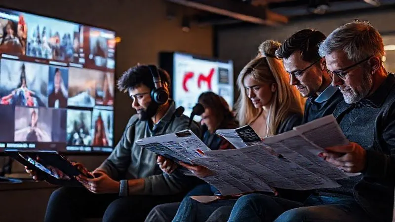 A photorealistic image of a diverse group of people engaging with various digital news formats: one person watching a video on a tablet, another listening to a podcast with headphones, a third interacting with an infographic on a large screen, and a fourth reading an in-depth article on a smartphone. Dynamic, modern, cinematic lighting, 8K, sharp focus, depth of field, shot on a high-end DSLR.