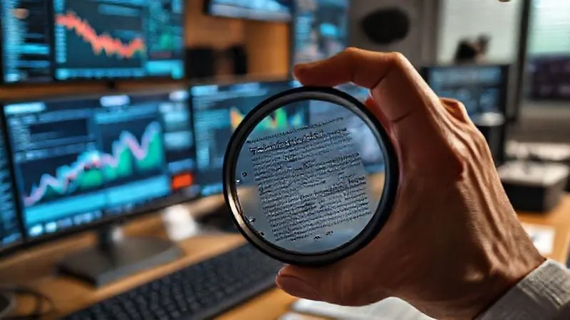 A photorealistic image of a journalist's desk with multiple screens displaying data streams, graphs, and news feeds, while a magnifying glass held by a human hand hovers over a specific piece of text, symbolizing AI-assisted fact-checking and human oversight, cinematic lighting, sharp focus on the magnifying glass and screens, depth of field blurring the background, 8K hyper-detailed, shot on a high-end DSLR.