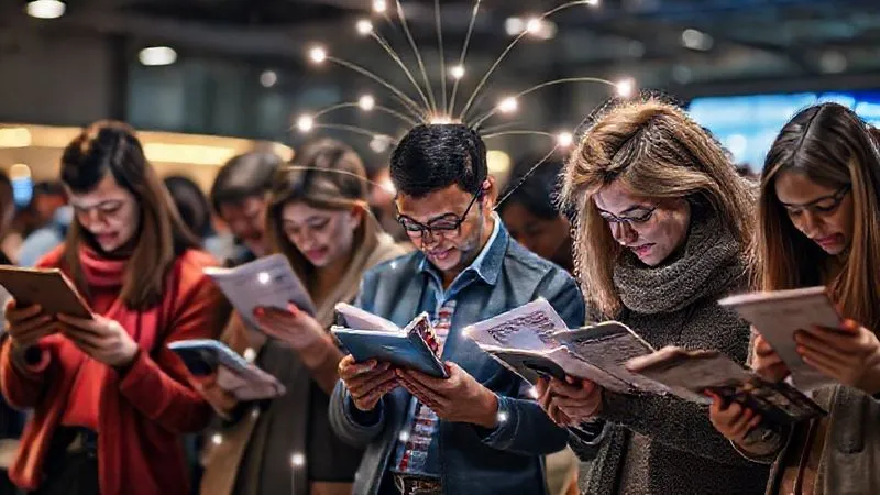 A photorealistic image of a diverse group of people reading news on various digital devices, with glowing lines connecting them to a central hub that subtly branches out into different information streams, symbolizing personalized content delivery without creating isolated bubbles. Cinematic lighting, sharp focus on the individuals, depth of field blurring the background, 8K hyper-detailed, professional photography, shot on a high-end DSLR, conveying connection and informed diversity.