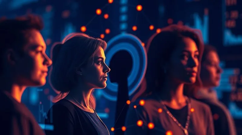 A photorealistic, professional photography image of a diverse group of people represented as abstract data points and connecting lines on a digital interface, illustrating user personas and their interconnected interests. The visualization is clean, modern, with cinematic blue and orange lighting, sharp focus on the data visualization, depth of field blurring a subtle human silhouette in the background, 8K hyper-detailed, shot on a high-end DSLR.