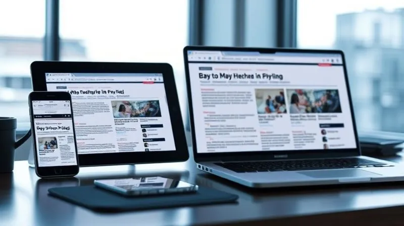 A photorealistic, professional photography image depicting a seamless digital experience across multiple devices: a smartphone, a tablet, and a laptop, all displaying the same news article perfectly adapted to their screens. The devices are arranged ergonomically on a modern desk, with a subtle glow of fast loading speed indicated by light trails. Cinematic lighting, sharp focus on the devices, depth of field blurring the background, 8K hyper-detailed, shot on a high-end DSLR.