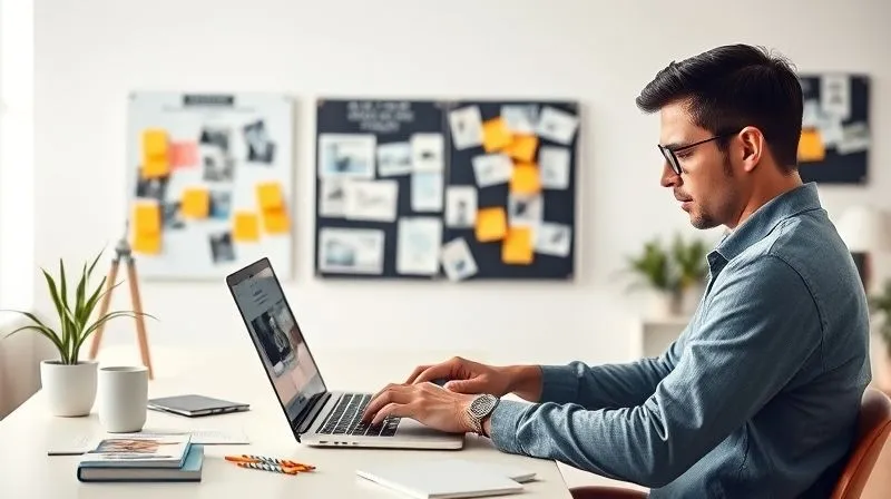 A photorealistic image of a designer meticulously curating projects on a sleek, modern laptop, surrounded by mood boards and sticky notes, with a focused and determined expression. The background is a clean, minimalist studio bathed in soft, natural light. 8K hyper-detailed, professional photography, shot on a high-end DSLR.