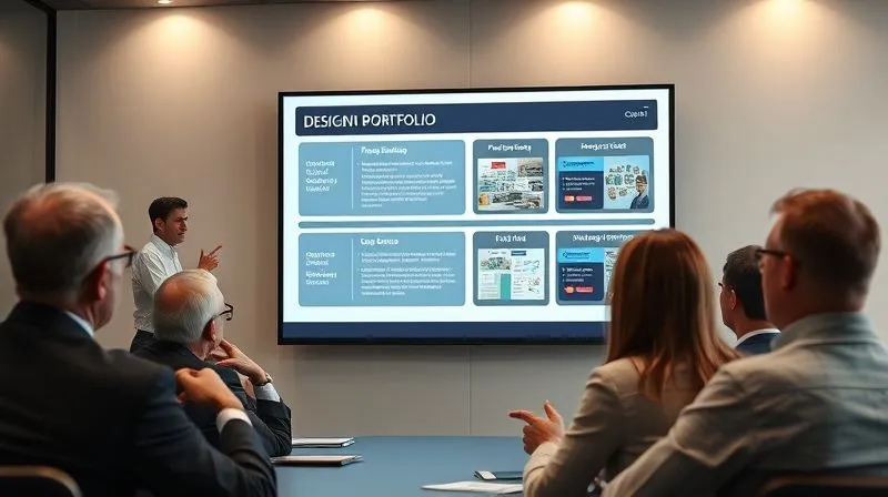 A photorealistic image of a designer presenting a digital portfolio on a large screen to a group of executives, all engaged and nodding. The screen displays a project breakdown with text and images, emphasizing problem-solving and results. Cinematic lighting, professional setting, sharp focus on the presentation. 8K hyper-detailed, professional photography, shot on a high-end DSLR.