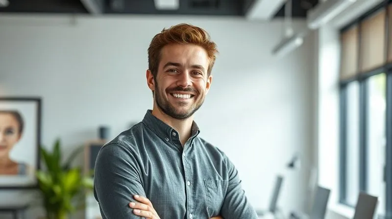 A photorealistic image of a professional designer smiling confidently, standing in a well-lit, modern office space, with a subtle personal touch like a unique piece of art or a plant in the background. The focus is on the designer's approachable yet expert demeanor. 8K hyper-detailed, professional photography, shot on a high-end DSLR.