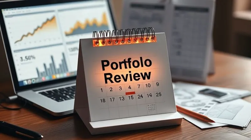 A photorealistic image of a calendar with "Portfolio Review" highlighted, surrounded by a laptop showing analytics data and design sketches. The scene conveys diligence and continuous improvement, with soft studio lighting. 8K hyper-detailed, professional photography, shot on a high-end DSLR.